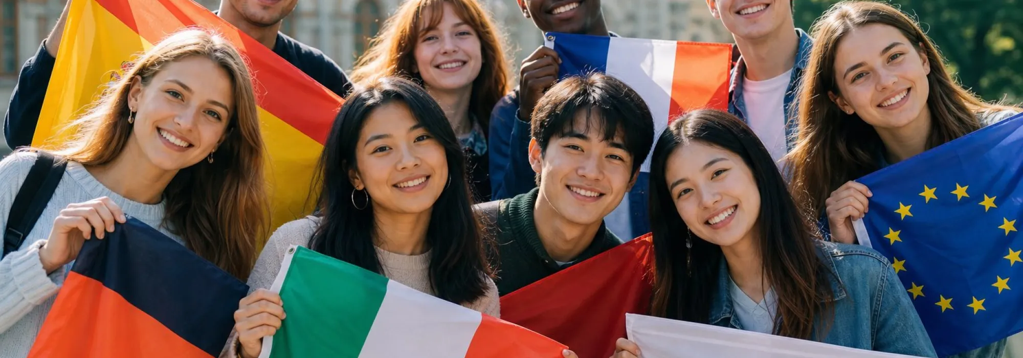 Grupo diverso de estudantes a sorrir e a segurar bandeiras de vários países e da União Europeia em frente a um edifício universitário.