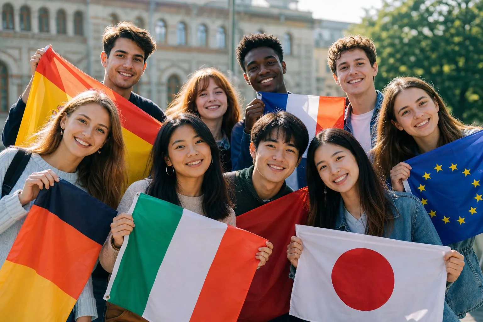 Grupo diverso de estudantes a sorrir e a segurar bandeiras de vários países e da União Europeia em frente a um edifício universitário.